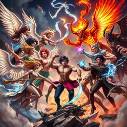 A dynamic scene depicting a group of diverse characters representing humans, angels, and demons engaged in an epic battle