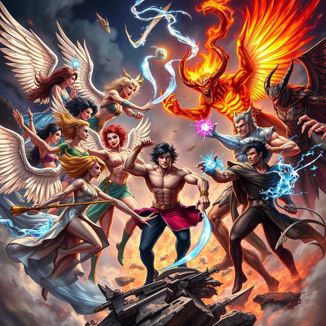 A dynamic scene depicting a group of diverse characters representing humans, angels, and demons engaged in an epic battle