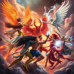 A dynamic scene depicting a group of diverse characters representing humans, angels, and demons engaged in an epic battle