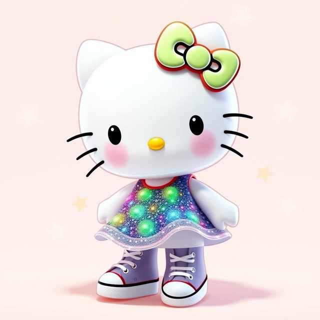 A cute and cheerful Hello Kitty character wearing a sparkly, colorful dress that glimmers with glitter