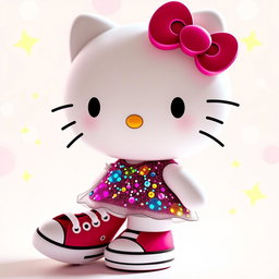 A cute and cheerful Hello Kitty character wearing a sparkly, colorful dress that glimmers with glitter