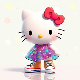A cute and cheerful Hello Kitty character wearing a sparkly, colorful dress that glimmers with glitter
