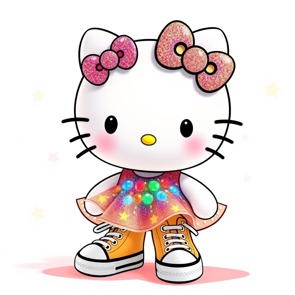 A cute and cheerful Hello Kitty character wearing a sparkly, colorful dress that glimmers with glitter
