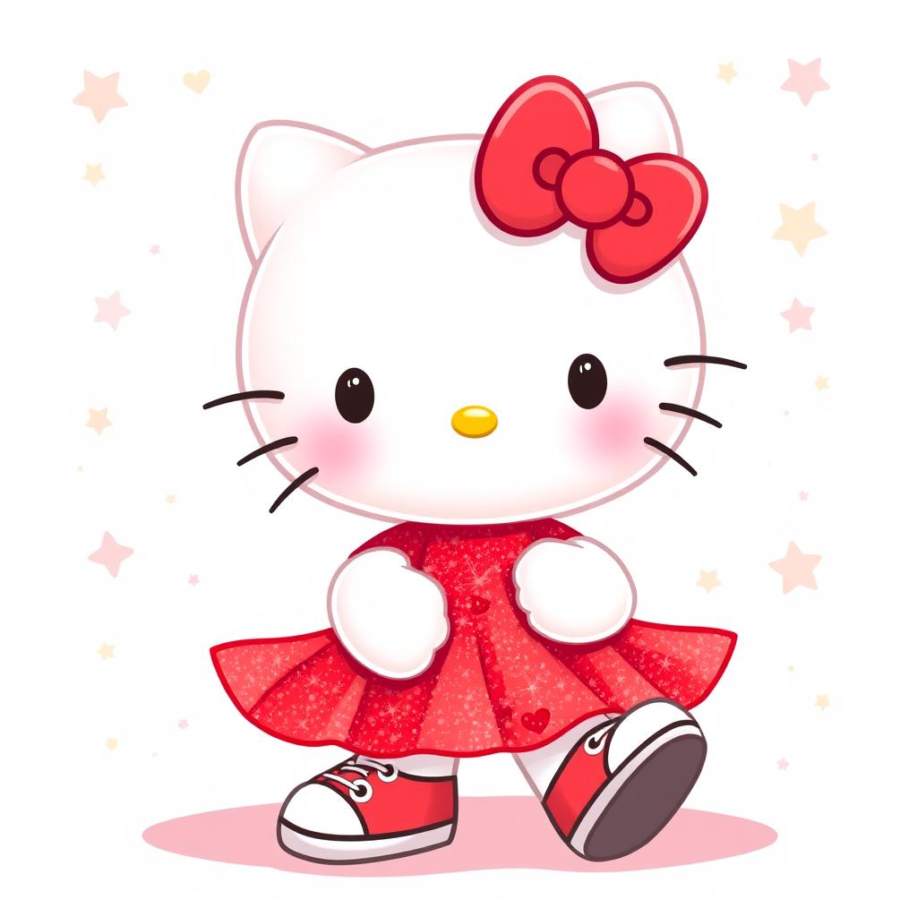 A cute and cheerful Hello Kitty character wearing a sparkly red dress that glimmers with glitter