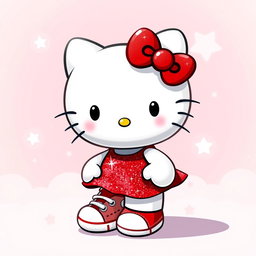 A cute and cheerful Hello Kitty character wearing a sparkly red dress that glimmers with glitter