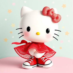 A cute and cheerful Hello Kitty character wearing a sparkly red dress that glimmers with glitter