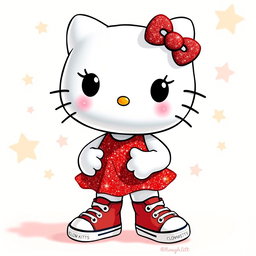 A cute and cheerful Hello Kitty character wearing a sparkly red dress that glimmers with glitter
