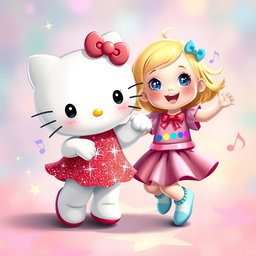 A delightful scene featuring Hello Kitty wearing a sparkly red dress that glimmers with glitter alongside a little blonde girl with bright blue eyes, both dancing joyfully