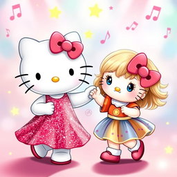 A delightful scene featuring Hello Kitty wearing a sparkly red dress that glimmers with glitter alongside a little blonde girl with bright blue eyes, both dancing joyfully