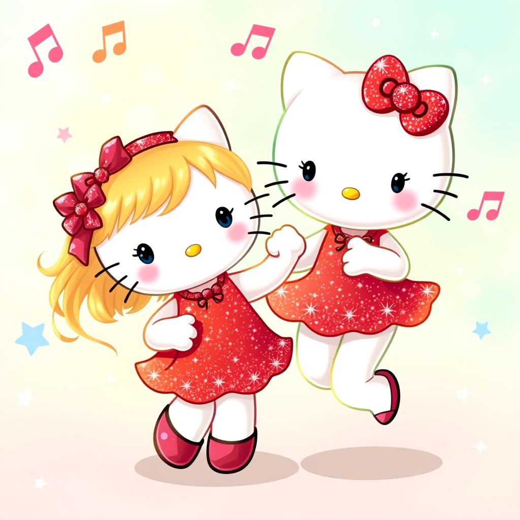 A delightful scene featuring Hello Kitty wearing a sparkly red dress that glimmers with glitter alongside a little blonde girl with bright blue eyes, both dancing joyfully