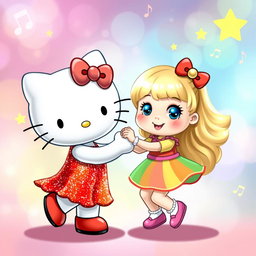 A delightful scene featuring Hello Kitty wearing a sparkly red dress that glimmers with glitter alongside a little blonde girl with bright blue eyes, both dancing joyfully