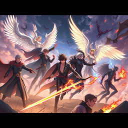 An intense and visually captivating illustration of a battle scene featuring BTS characters transformed into epic warriors, portraying humans, angels, and demons
