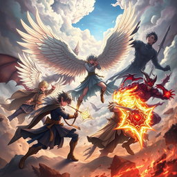 An intense and visually captivating illustration of a battle scene featuring BTS characters transformed into epic warriors, portraying humans, angels, and demons