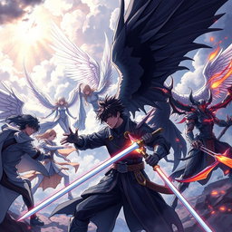 An intense and visually captivating illustration of a battle scene featuring BTS characters transformed into epic warriors, portraying humans, angels, and demons