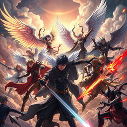 An intense and visually captivating illustration of a battle scene featuring BTS characters transformed into epic warriors, portraying humans, angels, and demons