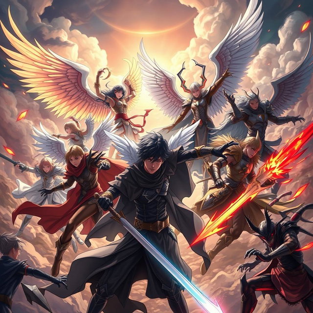 An intense and visually captivating illustration of a battle scene featuring BTS characters transformed into epic warriors, portraying humans, angels, and demons