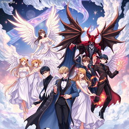 A mystical illustration featuring BTS members as either angels or demons, showcasing their unique styles and charisma