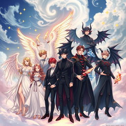 A mystical illustration featuring BTS members as either angels or demons, showcasing their unique styles and charisma