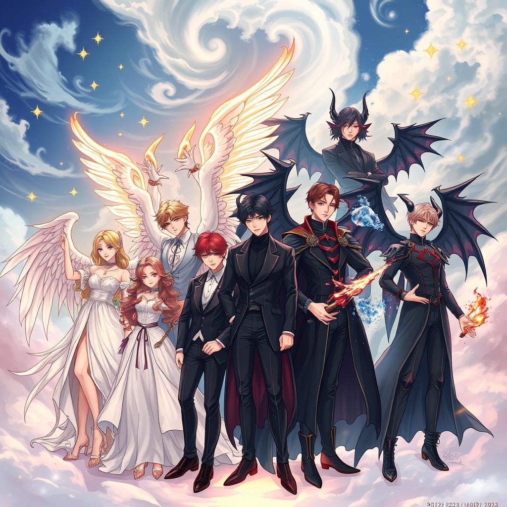 A mystical illustration featuring BTS members as either angels or demons, showcasing their unique styles and charisma