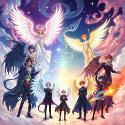 A mystical illustration featuring BTS members as either angels or demons, showcasing their unique styles and charisma