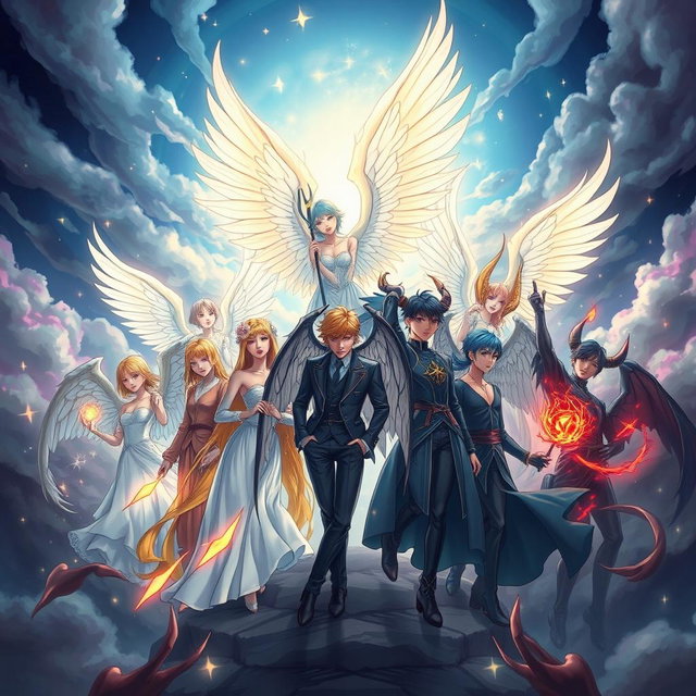 A mystical illustration featuring BTS members as either angels or demons, showcasing their unique styles and charisma