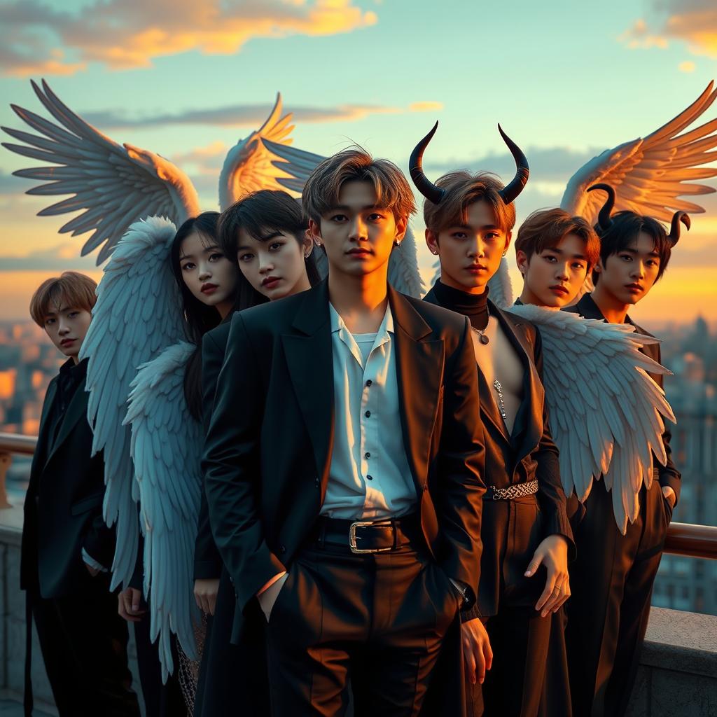 A highly realistic portrait featuring the BTS members as either angels or demons in a contemporary setting