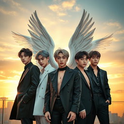 A highly realistic portrait featuring the BTS members as either angels or demons in a contemporary setting