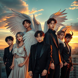 A highly realistic portrait featuring the BTS members as either angels or demons in a contemporary setting