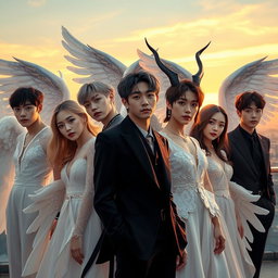 A highly realistic portrait featuring the BTS members as either angels or demons in a contemporary setting