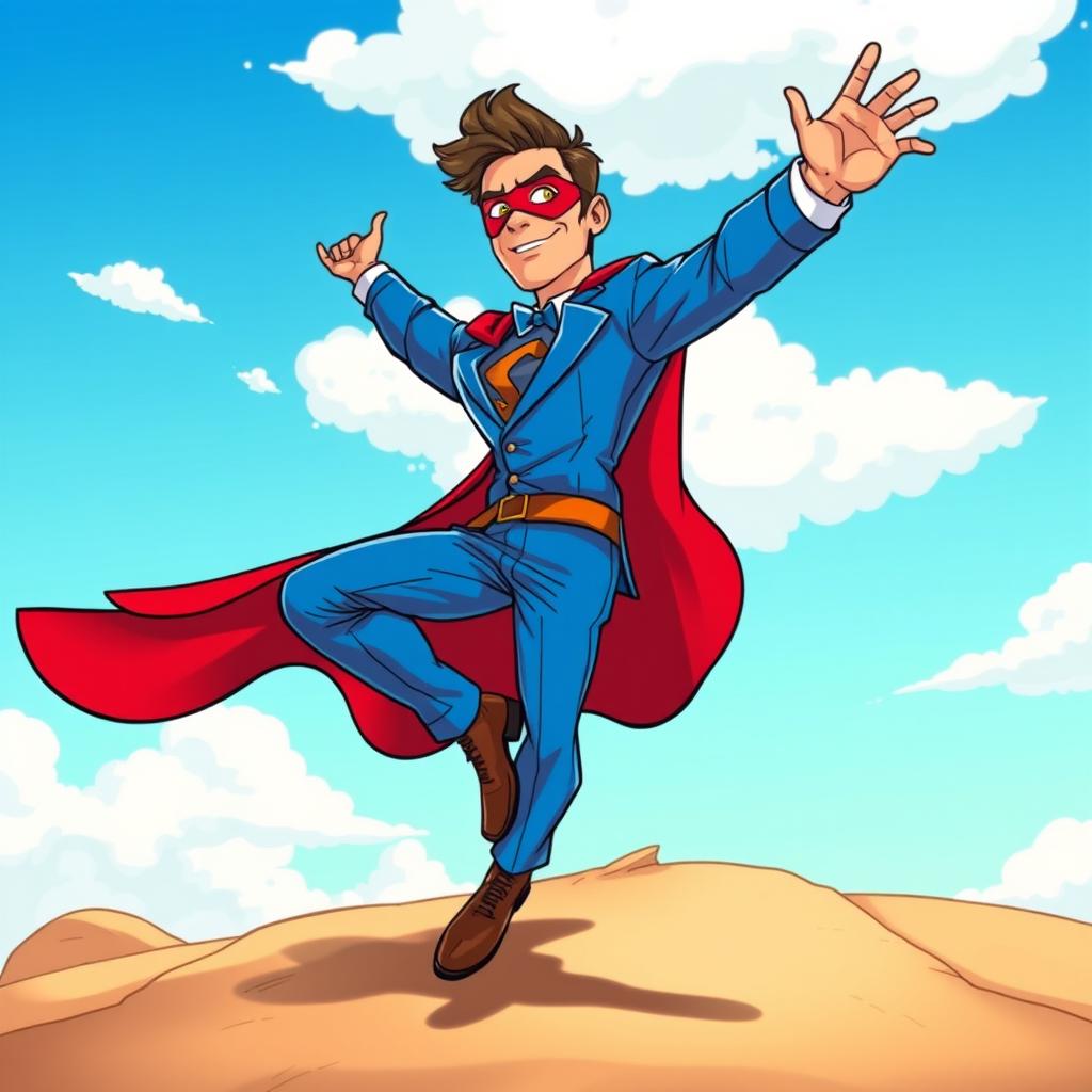 A cartoon illustration of a man in a stylish blue suit, adorned with a flowing red cloak and a striking red mask, dynamically jumping from the ground into the sky