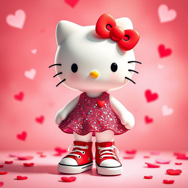 An adorable Hello Kitty character dressed in a sparkly Valentine-themed dress, adorned with hearts and vibrant colors that capture the essence of love and celebration