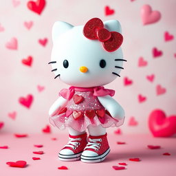 An adorable Hello Kitty character dressed in a sparkly Valentine-themed dress, adorned with hearts and vibrant colors that capture the essence of love and celebration