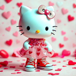 An adorable Hello Kitty character dressed in a sparkly Valentine-themed dress, adorned with hearts and vibrant colors that capture the essence of love and celebration