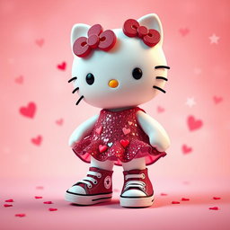 An adorable Hello Kitty character dressed in a sparkly Valentine-themed dress, adorned with hearts and vibrant colors that capture the essence of love and celebration