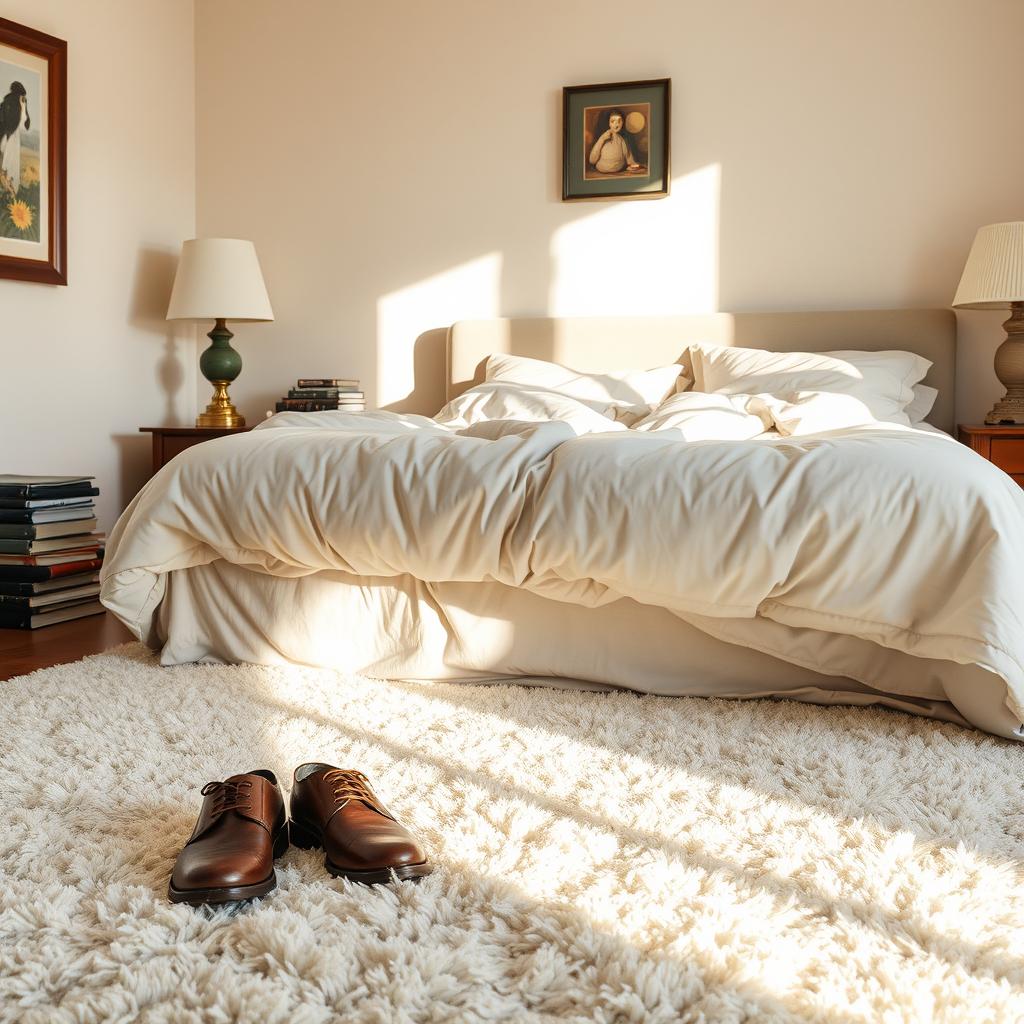 A cozy bedroom scene featuring a large, unmade bed with plush bedding
