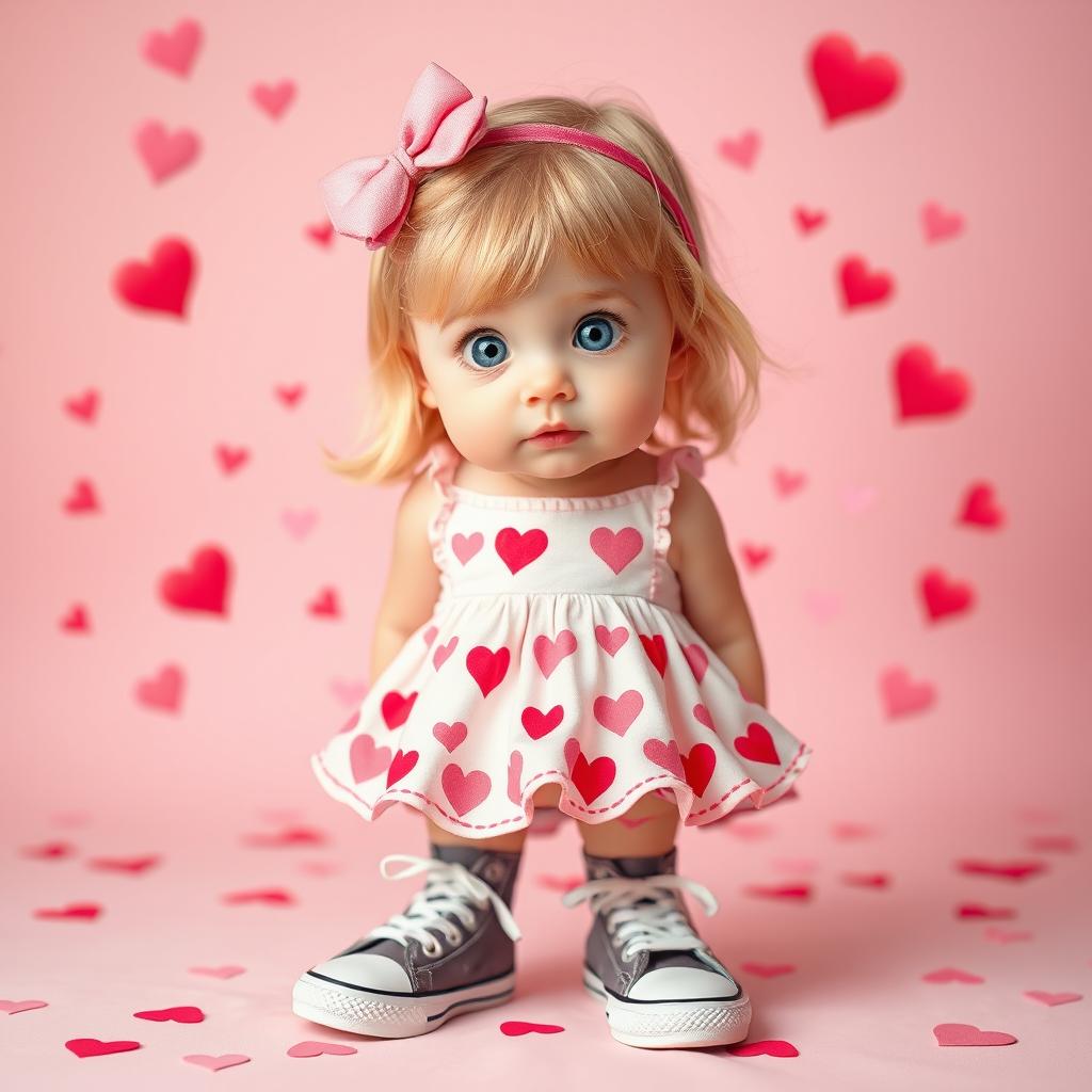 A charming little blonde girl with bright blue eyes, styled in a cute Sanrio-inspired design