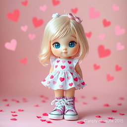A charming little blonde girl with bright blue eyes, styled in a cute Sanrio-inspired design