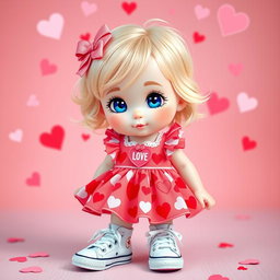 A charming little blonde girl with bright blue eyes, styled in a cute Sanrio-inspired design