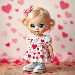 A charming little blonde girl with bright blue eyes, styled in a cute Sanrio-inspired design