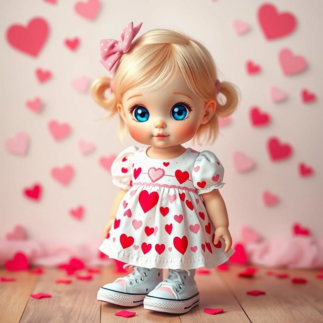 A charming little blonde girl with bright blue eyes, styled in a cute Sanrio-inspired design