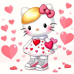 A delightful Hello Kitty character featuring a stylish blonde bun hairstyle, dressed in a charming Valentine's dress adorned with hearts and vibrant colors that embody the spirit of love