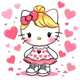 A delightful Hello Kitty character featuring a stylish blonde bun hairstyle, dressed in a charming Valentine's dress adorned with hearts and vibrant colors that embody the spirit of love
