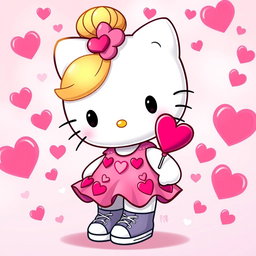 A delightful Hello Kitty character featuring a stylish blonde bun hairstyle, dressed in a charming Valentine's dress adorned with hearts and vibrant colors that embody the spirit of love