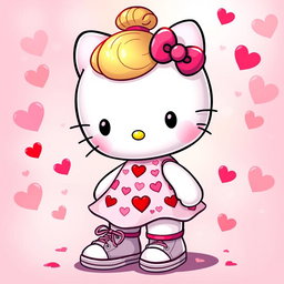 A delightful Hello Kitty character featuring a stylish blonde bun hairstyle, dressed in a charming Valentine's dress adorned with hearts and vibrant colors that embody the spirit of love