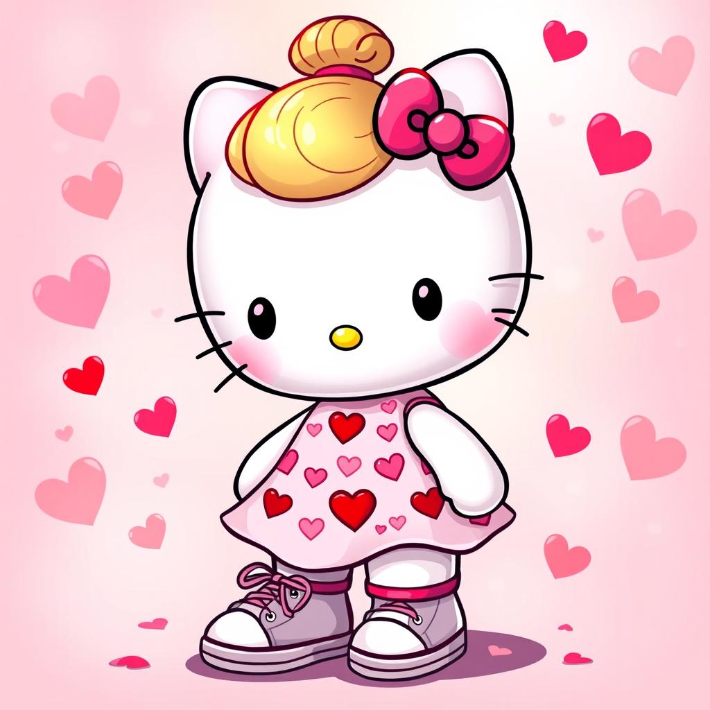 A delightful Hello Kitty character featuring a stylish blonde bun hairstyle, dressed in a charming Valentine's dress adorned with hearts and vibrant colors that embody the spirit of love