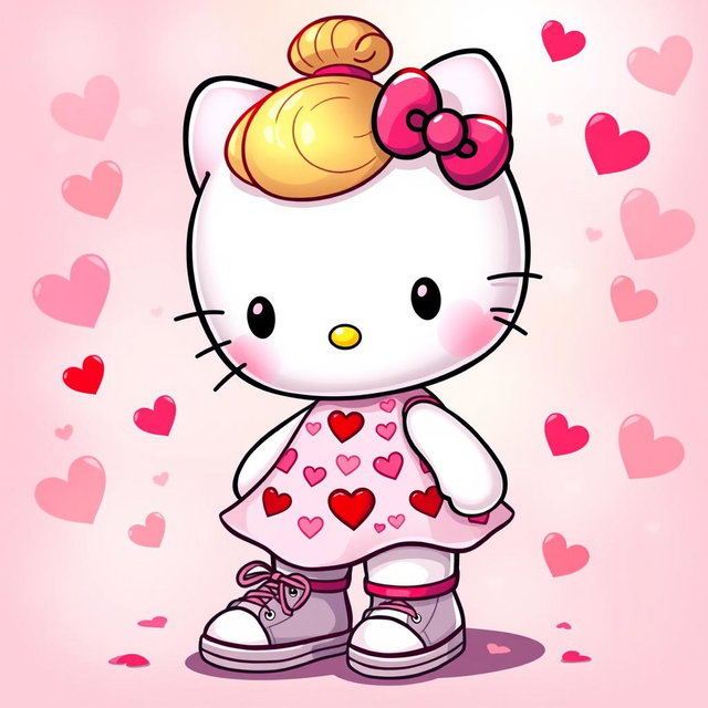 A delightful Hello Kitty character featuring a stylish blonde bun hairstyle, dressed in a charming Valentine's dress adorned with hearts and vibrant colors that embody the spirit of love