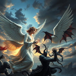 A highly realistic depiction of angels and demons engaged in a dramatic encounter, emphasizing their contrasting appearances and atmospheres