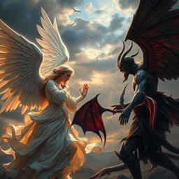 A highly realistic depiction of angels and demons engaged in a dramatic encounter, emphasizing their contrasting appearances and atmospheres