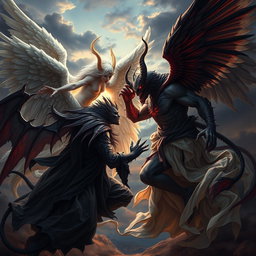 A highly realistic depiction of angels and demons engaged in a dramatic encounter, emphasizing their contrasting appearances and atmospheres