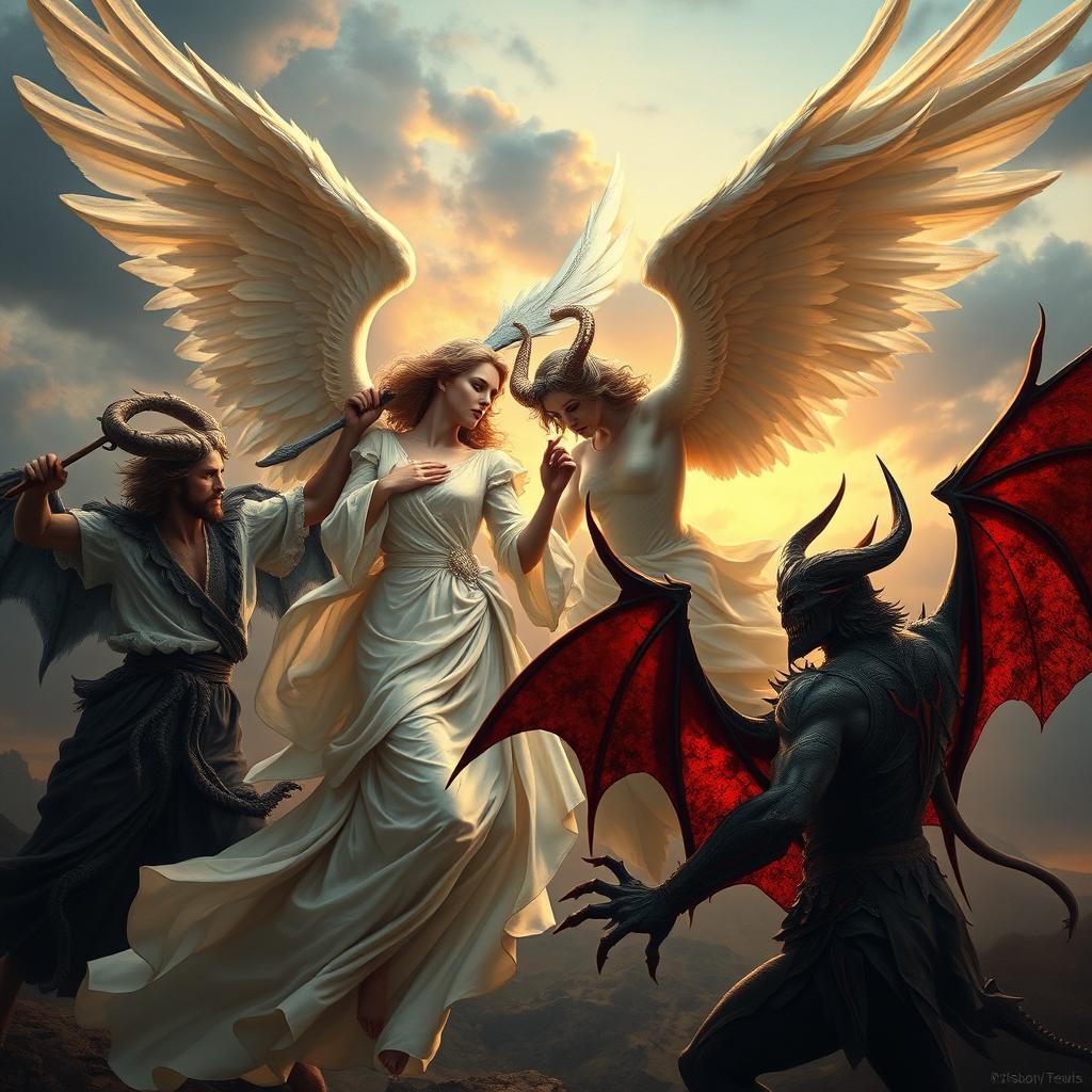 A highly realistic depiction of angels and demons engaged in a dramatic encounter, emphasizing their contrasting appearances and atmospheres
